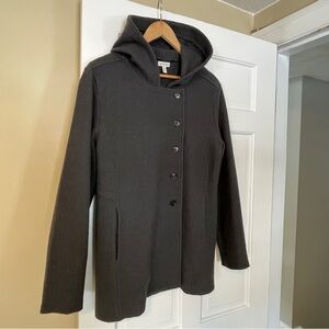 Garnet Hill Dark Gray Boiled Wool, Asymmetrical Button, Hooded Jacket